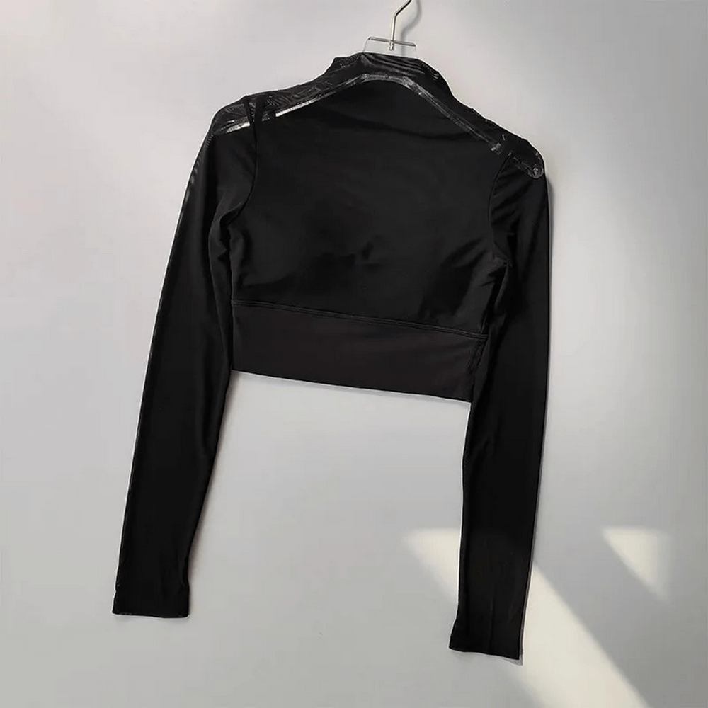 Women's Long Sleeve Gym Mesh Crop Top - SF2106, black back view. Stylish and breathable fitness wear for sports enthusiasts.